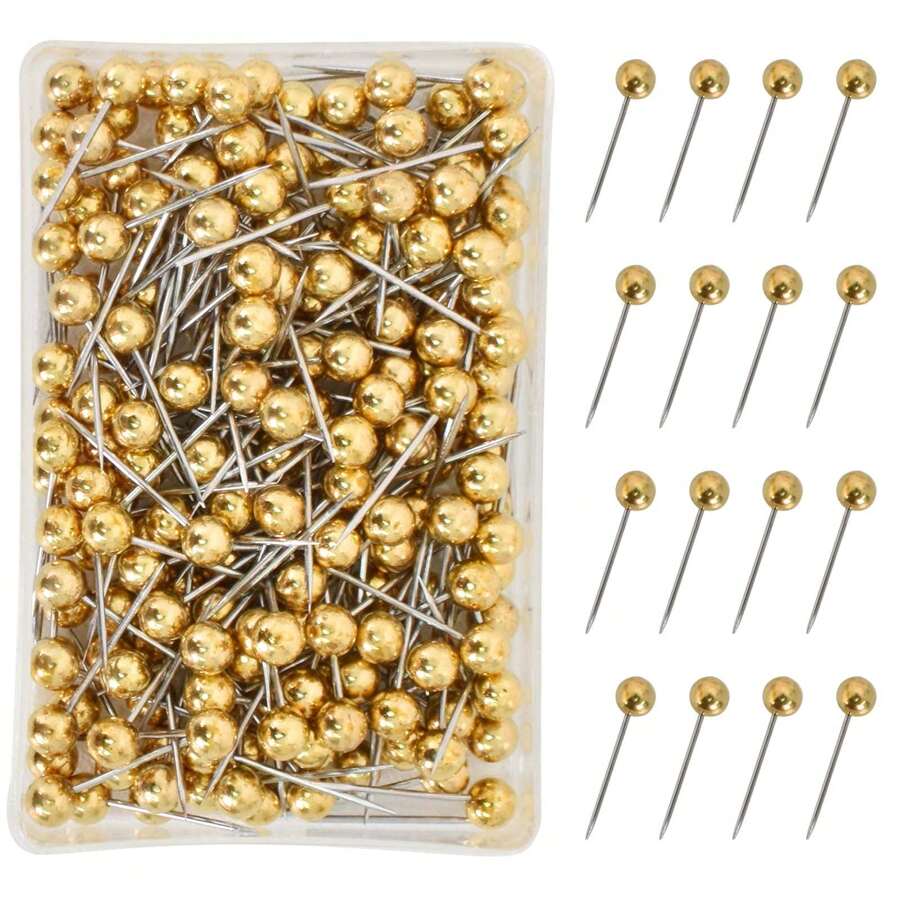 Pack of 200 Map Pins Pin Board Pins for Pin Board Plastic Head Pins with Steel Tip for Map Pin Pins, Pins Set with Storage Box - Gold - View 1