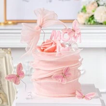 5 件組烘焙蛋糕裝飾 Ins 風格粉紅色紫色蝴蝶生日派對甜點餐桌裝飾帶鎬和禮帽 - 粉色 - 查看 8