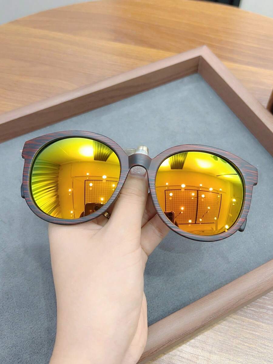 1 chiếc kính thời trang gọng tròn vân gỗ dành cho nữ thích hợp cho du lịch ngoài trời - Đỏ - Xem 1