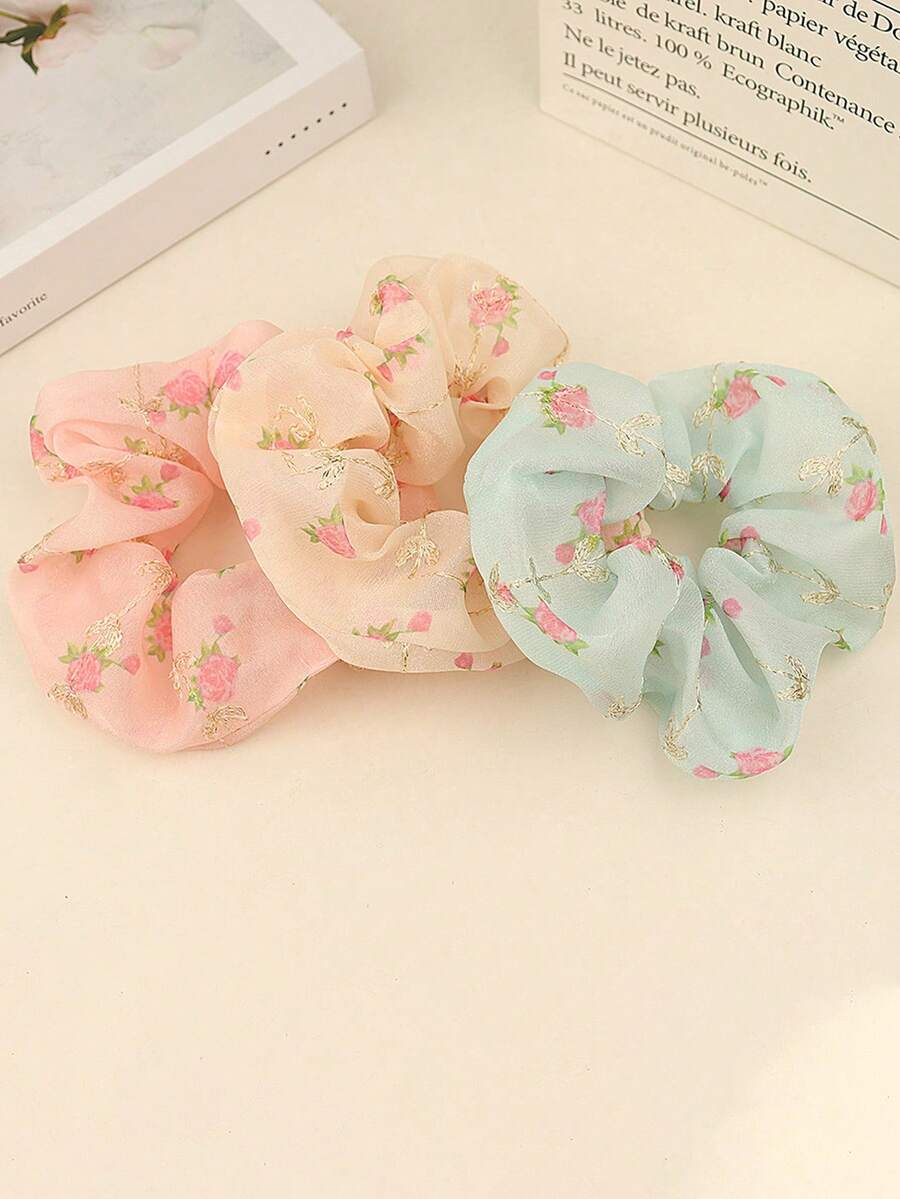 3pcs Vintage Floral Scrunchies For Daily Use - Multicolor - View 1