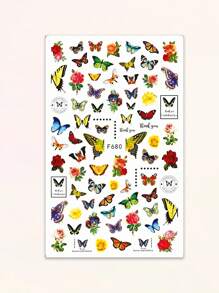 2入組多彩黃綠藍蝴蝶花葉美甲貼紙,浪漫蝴蝶式膠片3d美甲貼花裝飾 - 彩色 - 查看 6