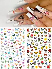 2入組多彩黃綠藍蝴蝶花葉美甲貼紙,浪漫蝴蝶式膠片3d美甲貼花裝飾 - 彩色 - 查看 1