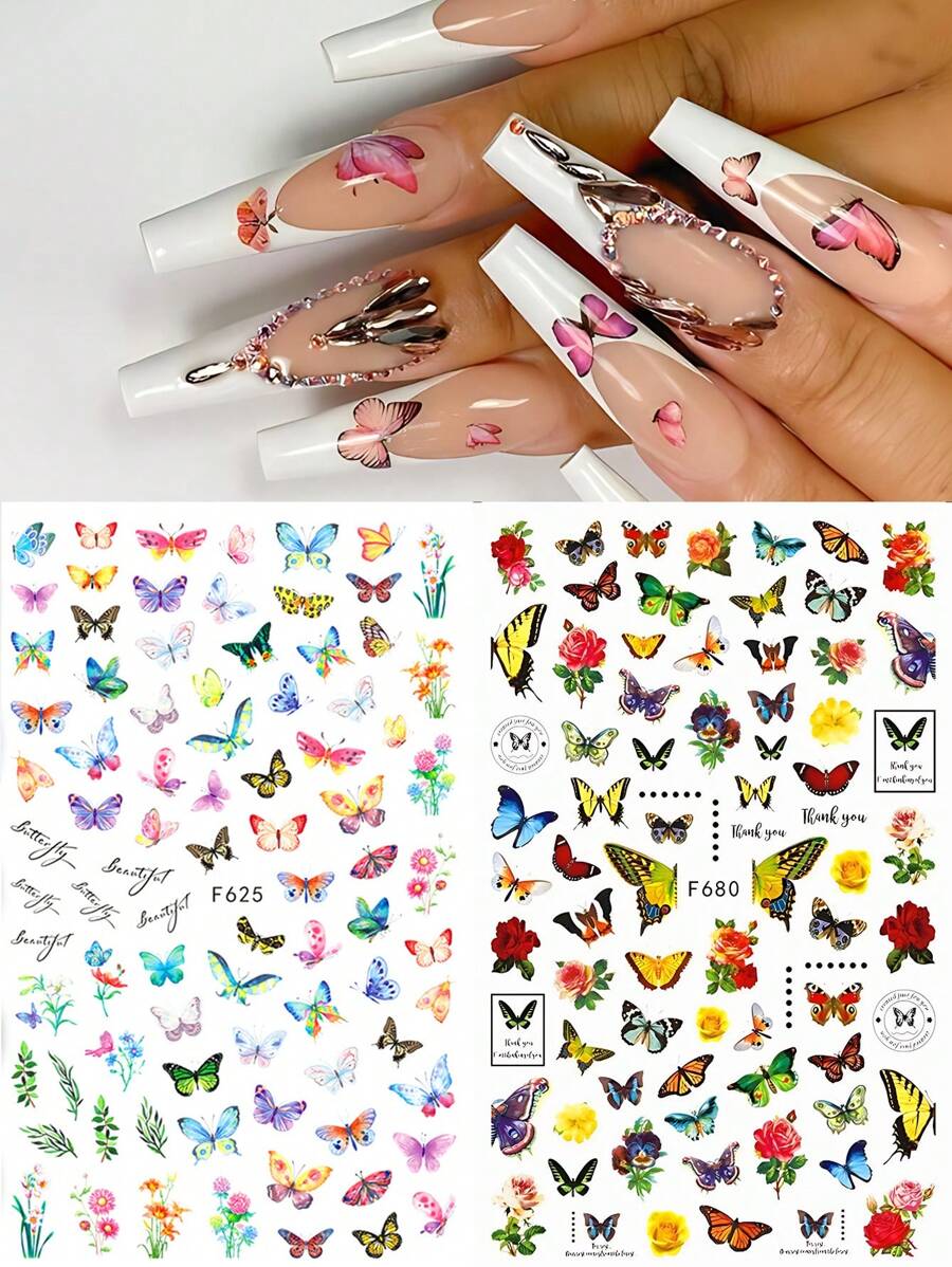 2入組多彩黃綠藍蝴蝶花葉美甲貼紙,浪漫蝴蝶式膠片3d美甲貼花裝飾 - 彩色 - 查看 1
