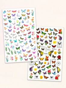2入組多彩黃綠藍蝴蝶花葉美甲貼紙,浪漫蝴蝶式膠片3d美甲貼花裝飾 - 彩色 - 查看 5