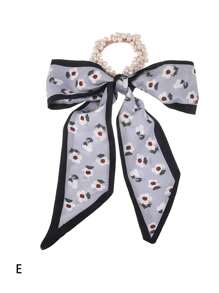 1只復古珍珠圍巾髮帶，適用於女性女孩，韓國風格蝴蝶結和長帶，波西米亞髮飾