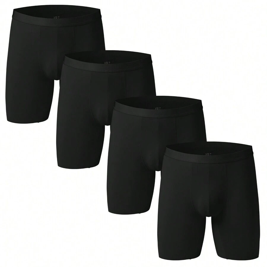 4pcs/set Men's Ice Silk Long Leg Boxer Briefs With Antibacterial Crotch (black) - Black - View 1