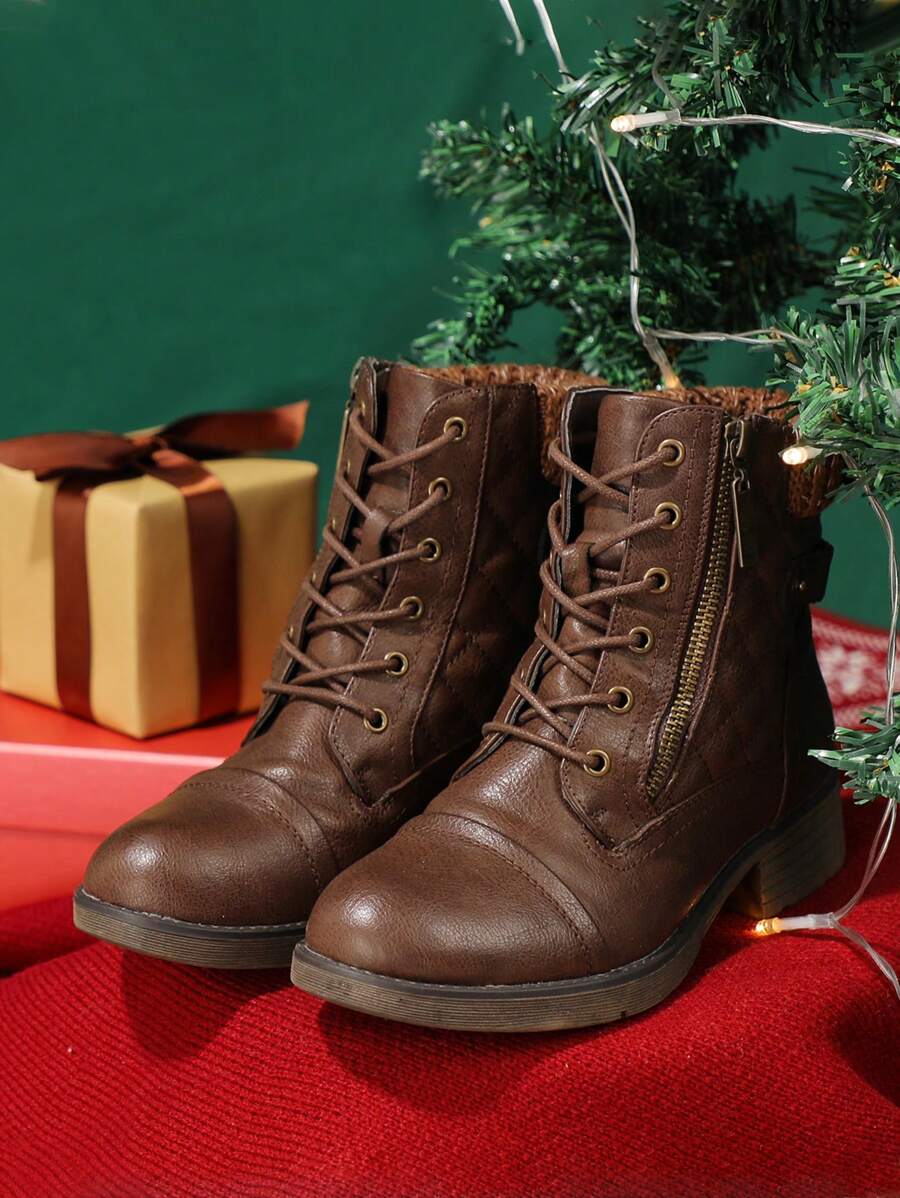 STQ Women's Combat Boots Lace Up Ankle Booties - 棕色 - 查看 1