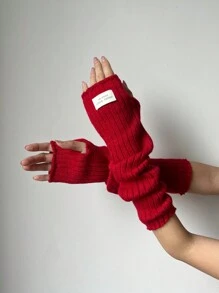 1 雙女式時尚紅色針織羊毛手套,帶有厚實保暖手套袖,龐克風格刺繡愛心無指手套/袖子,適合日常、約會、家居、外出和聖誕節使用 - 紅色 - 查看 5