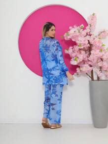 泳衣套裝,海灘服出行,帶花紋的透明紗面上衣和長褲 - 藍色 - 查看 3