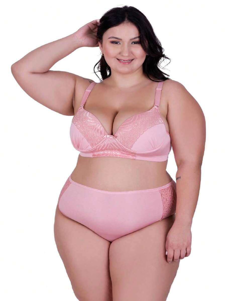 Plus Size Bra & Panty Sets - Rosa Pálido - Ver 1