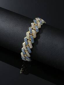 1pc Full Rhinestone Double Row Diamond-shaped Chain Necklace For Men, Hip Hop Style Daily Wear Chain Bracelet - Yellow Gold - View 6