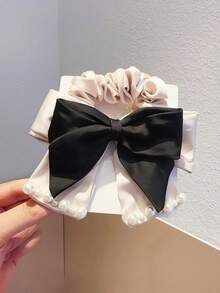 1個女性珍珠和蝴蝶結絲緞鬆緊帶,適用於高馬尾、髻和日常佩戴