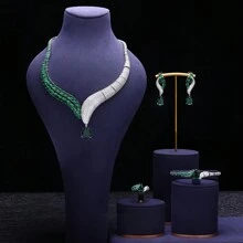 尼日利亚流行水滴彩色水晶新娘婚礼套装 4 件套方晶锆石女士新娘项链首饰套装 - 綠色 - 查看 1