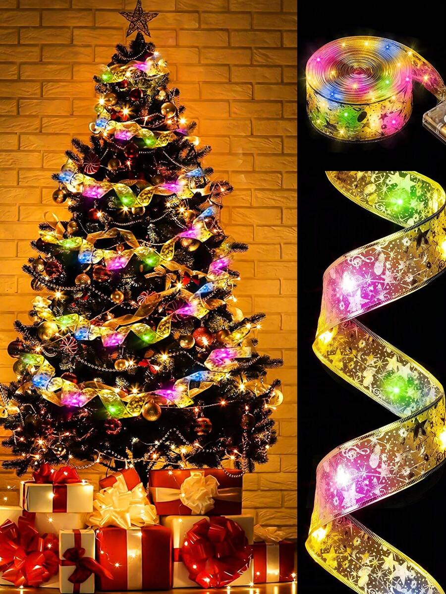 1m/3m/5m/10m LED Christmas Decoration String Lights, Copper Wire Fairy Light With Satin Ribbon, Christmas Tree Bow Garland