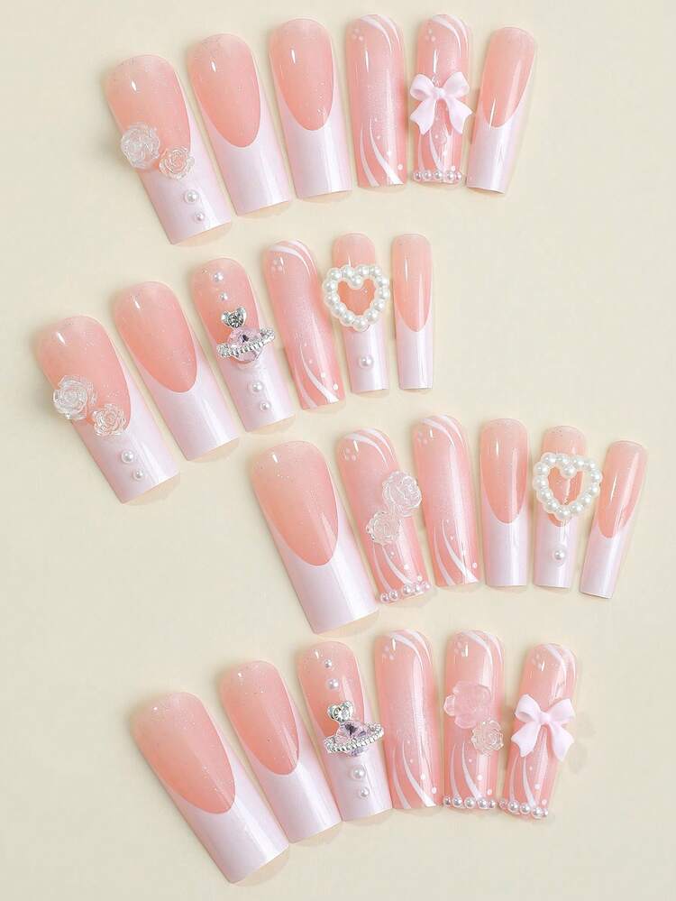 24pcs Pink Long Square Water Pipe Design 3d Decorated False Nails With Planets Drills, Camellia And Bows, Pearls - Multicolor - View 2