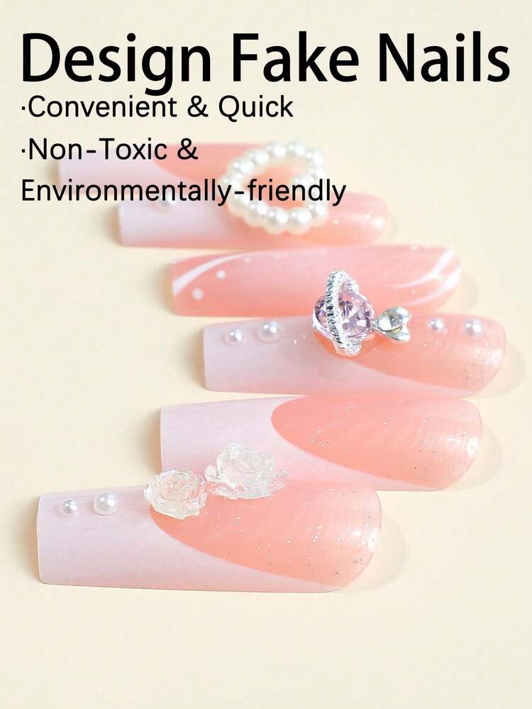 24pcs Pink Long Square Water Pipe Design 3d Decorated False Nails With Planets Drills, Camellia And Bows, Pearls - Multicolor - View 3