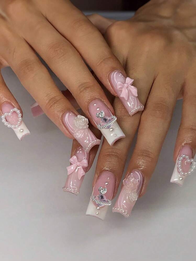 24pcs Pink Long Square Water Pipe Design 3d Decorated False Nails With Planets Drills, Camellia And Bows, Pearls - Multicolor - View 1