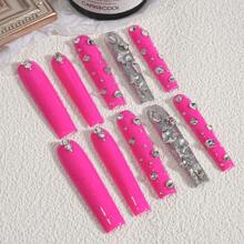 Upgrade Your Look With BEGAVET 10pcs Y2K Handmade Exclusive Design Nails Extra Long Pink Press On Nails With 3D Decorations, Easy To Wear Nail Supplies - Hot Pink - View 4