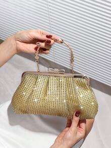 閃亮閃光褶皺設計的高端五金裝飾手提包和斜挎包,完美適用於婚禮、派對、晚會和生日禮物 - 金色 - 查看 3