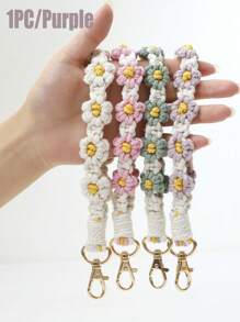 1入組波西米亞風手織手機手環,帶綁繩標籤的手機掛繩,智能手表手環手鍊鑰匙扣,通用肩帶持有者連接器貼片,針對女性的手織波西米亞風手機手環鑰匙扣,帶龍蝦扣長編手機掛繩車匙持有者,女孩防丟失手機鍊袋吊飾配件 - 紫色 - 查看 1