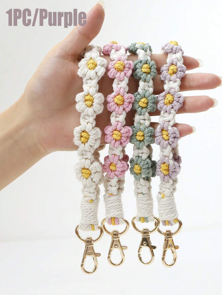 1入組波西米亞風手織手機手環,帶綁繩標籤的手機掛繩,智能手表手環手鍊鑰匙扣,通用肩帶持有者連接器貼片,針對女性的手織波西米亞風手機手環鑰匙扣,帶龍蝦扣長編手機掛繩車匙持有者,女孩防丟失手機鍊袋吊飾配件 - 紫色 - 查看 1