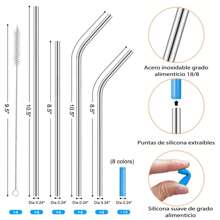 Set de 16 Popotes de Acero Inoxidable,Pajitas Reutilizables de Acero Inoxidable con Puntas de Silicona,con 4 Cepillos de Limpieza y Bolsa de Almacenamiento - Plateado - Ver 2