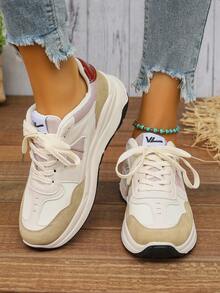 1雙舒適的女式運動風格休閒鞋,前綁帶裝飾,雙色透氣pu材質,低幫款,適合戶外運動和滑板,百搭,適用於中/高中學生,萬聖節和聖誕節 - 米色 - 查看 7