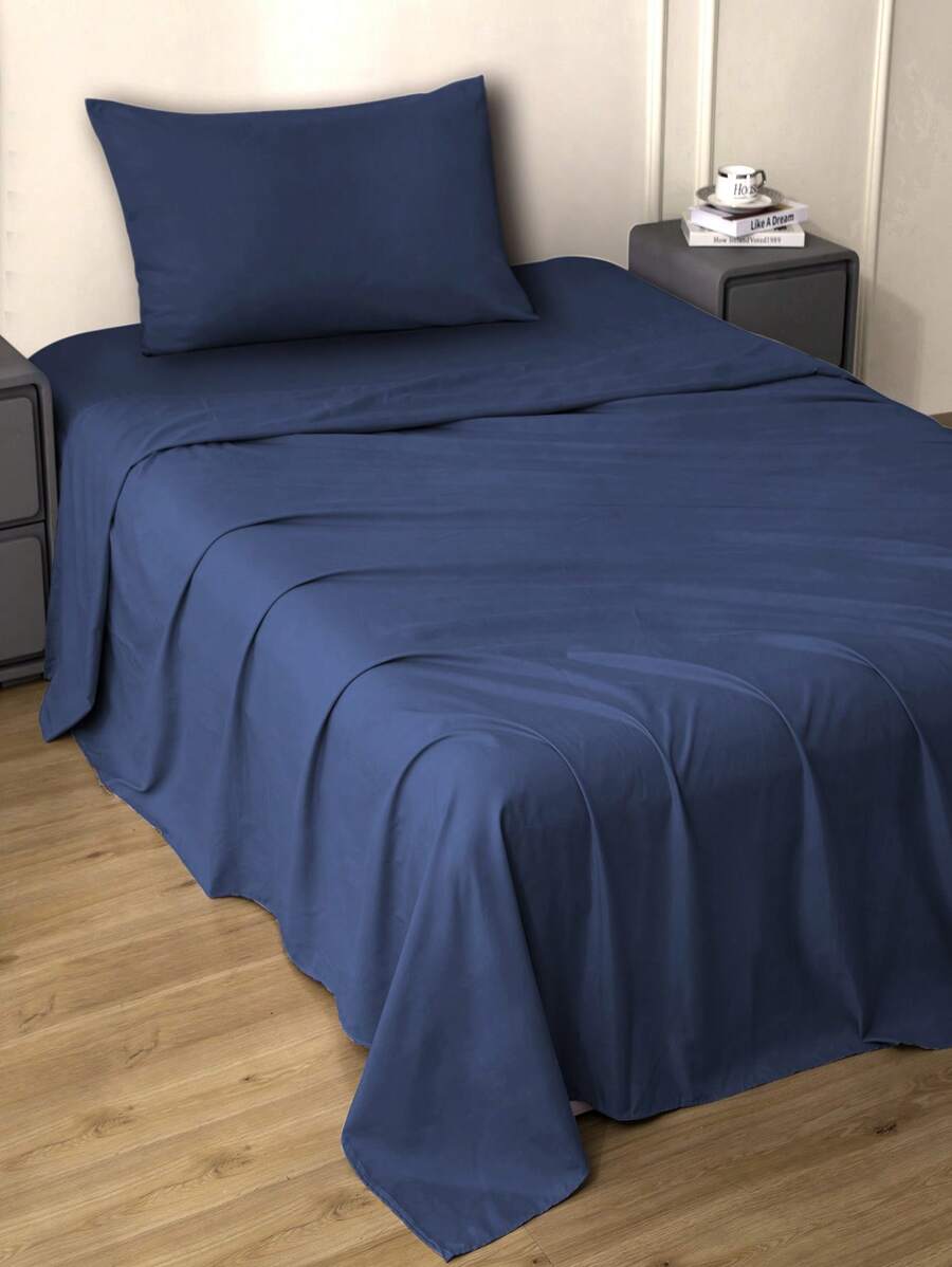 Single Sheet Set With Solid Color Design For Bed 3000 Thread Count, 3 Pieces / (1 Lining, 1 Sheet/ 1 Cover) - Navy Blue - View 1