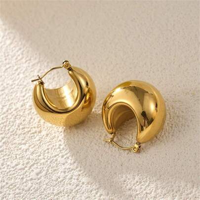 Metallic Glossy Half Circle Hollow Out Earrings, Subtle Luxury Minimalist Style Daily Wear Accessories
