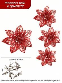 4入組/12入組-15cm紅色閃爍掏空聖誕樹裝飾,人造聖誕花,diy裝飾工藝,理想的聖誕和新年裝飾,適用於裝飾門,壁爐,樓梯,牆壁,庭院,花園。人造花的室內秋季裝飾(粉/紅/金/銀) - 紅色 - 查看 7