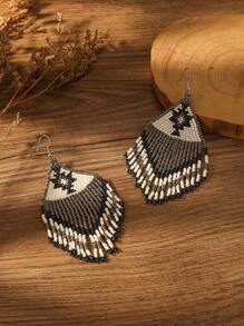 手工波西米亞復古黑色流蘇耳環，配有珠子，歐美風格跨境熱銷商品 - 黑色 - 查看 3