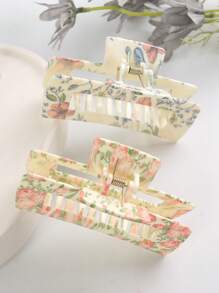 2pcs/Set Lovely Floral Printed Hair Claw & Hair Claw Set For Daily Use Boho Casual Valentine's Day Valentines Claw Clips Hair Clips Hair Jaw Clip Hair Clamps Hair Clutch Hair Catcher Clip, School Stuff, College Fall Winter Hair Accessories For Women For Vacation Outfits Woman - Multicolor - View 2