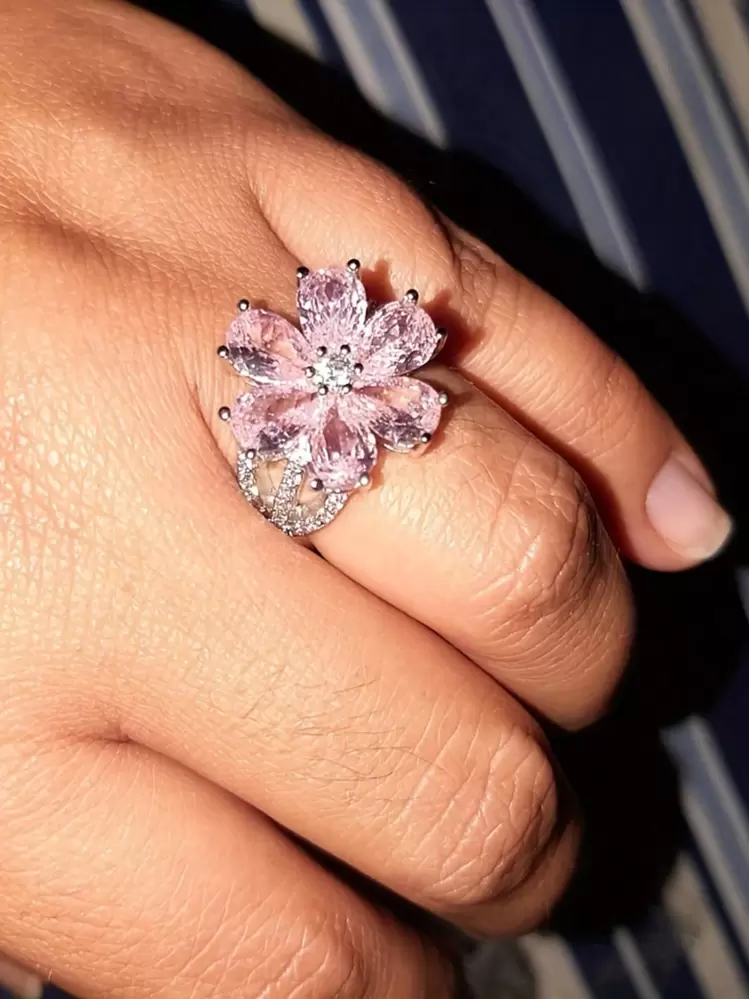 Tsnamer 1pc Exquisite Pink Flower Shape Cubic Zirconia Ring For