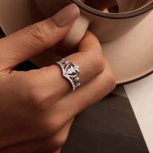 1個bamoer 925銀細緻皇冠戒指,閃亮的心形指環,適用於女性婚禮訂婚精細珠寶新娘珠寶 - 銀色 - 查看 9