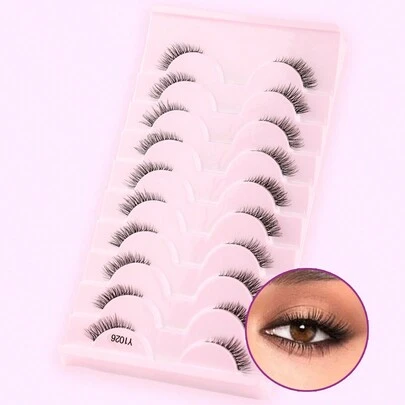 Cílios Postiços, 10 Pares/Caixa Mini e Fofos Super Curtos Meia Pálpebra com Hastes Finas e Transparentes, Extremidades Alongadas, Aparência Naturalmente Encaracolada, Reutilizáveis e Ideais para Meninas com Olhos Pequenos. Adequado para Encontros Diários de Mulheres.