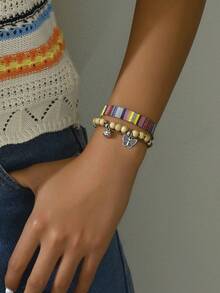 1套波希米亞鄉村風格織物陶瓷和合金蓮花,蝴蝶吊飾手鍊,女性休閒服裝