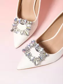 1 Pair (2pcs) Square Buckle Design Detachable Diy Shoe Clips With Rhinestone & Metallic Material In Gold, White And Silver Tone, Ideal For Wedding And Special Occasions - Silver - View 1