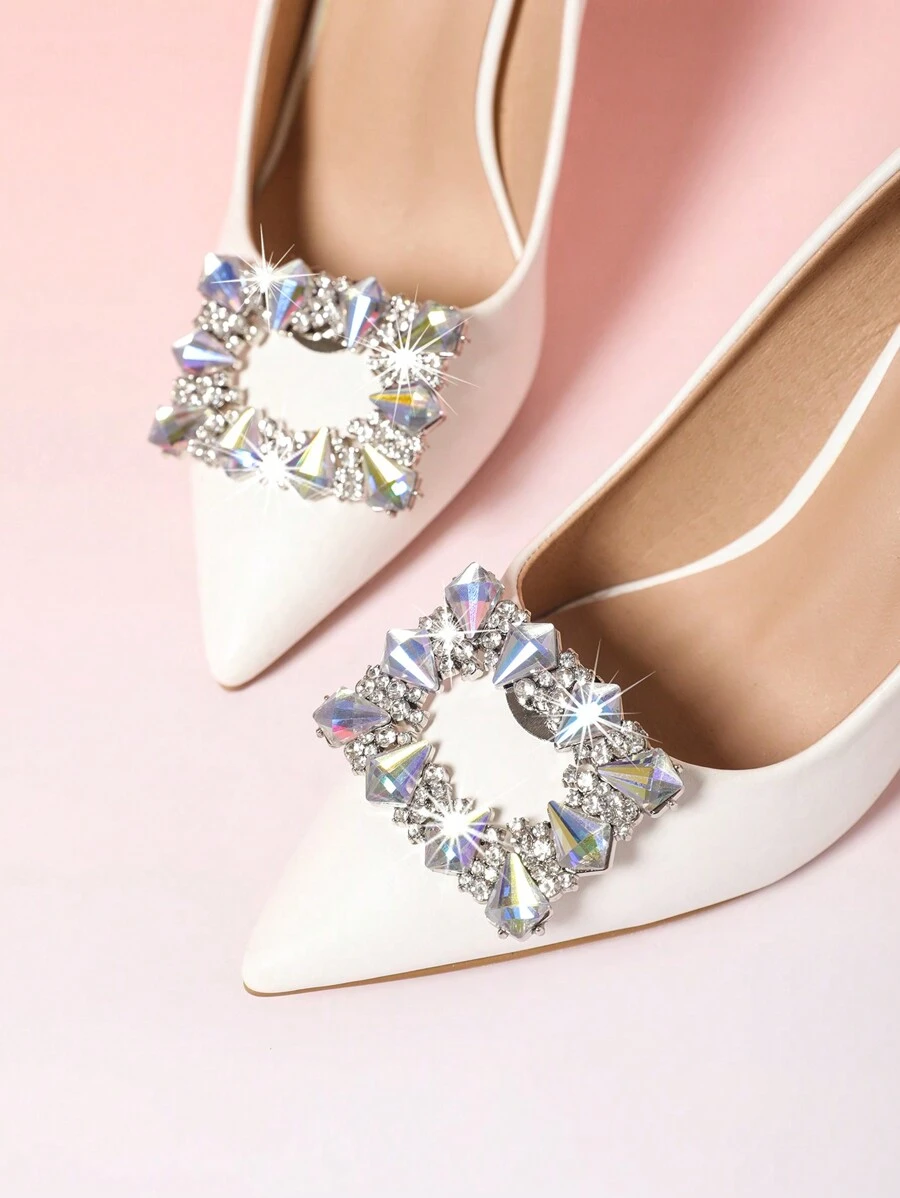 1 Pair (2pcs) Square Buckle Design Detachable Diy Shoe Clips With Rhinestone & Metallic Material In Gold, White And Silver Tone, Ideal For Wedding And Special Occasions - Silver - View 1