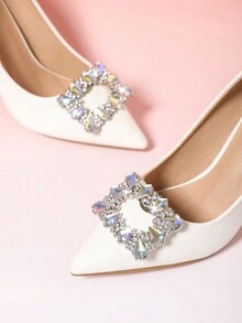 1 Pair (2pcs) Square Buckle Design Detachable Diy Shoe Clips With Rhinestone & Metallic Material In Gold, White And Silver Tone, Ideal For Wedding And Special Occasions - Silver - View 2
