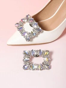 1 Pair (2pcs) Square Buckle Design Detachable Diy Shoe Clips With Rhinestone & Metallic Material In Gold, White And Silver Tone, Ideal For Wedding And Special Occasions - Silver - View 5