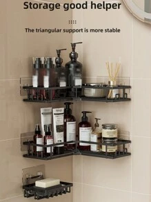 3Pcs Stainless Steel Bathroom Storage Rack Set, Corner Shower Caddy, Wall Mounted Adhesive Shower Organizer, Shower Gel Shampoo Soap Holder Home Bathroom Decor Bathroom Accessories Bathroom Organizer Fall Decor Back To School