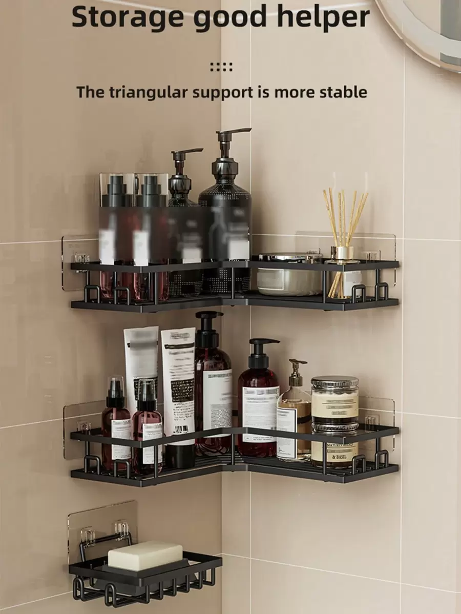 3pcs Stainless Steel Bathroom Storage Rack Set, Including No-Drilling Corner Shower Caddy, Wall Mounted Adhesive Shower Organizer, Shower Gel Holder, Shampoo Rack And Soap Holder - Black - View 1