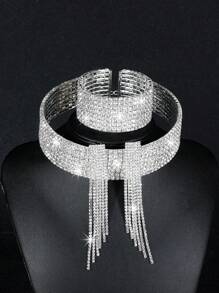 Nightclub Party Bling Pendant Crystal Rhinestone Necklace Earrings Set Wedding Party Jewelry 3 In 1 - Silver - View 3