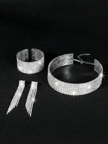 Nightclub Party Bling Pendant Crystal Rhinestone Necklace Earrings Set Wedding Party Jewelry 3 In 1 - Silver - View 4