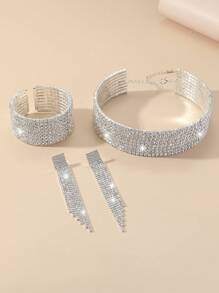 Nightclub Party Bling Pendant Crystal Rhinestone Necklace Earrings Set Wedding Party Jewelry 3 In 1 - Silver - View 5