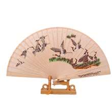 1 件中式彩色鶴印花木質折扇鏤空雕刻手扇適合生日派對禮物或家居裝飾扇 - 杏色 - 查看 1
