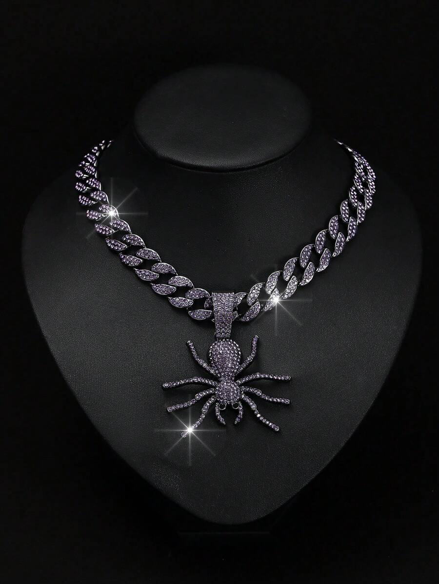 1 件欧美风格紫色水钻镶嵌蜘蛛形吊坠项链，适合男士，时尚酷炫的浅紫色珠宝，适合节日礼物和派对