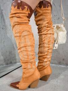 Icona Women's Embroidery Thigh-High Cowboy Boots - 棕色 - 查看 1