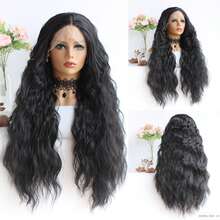 黑色長卷曲波浪式蕾絲頭套假髮24英寸合成蕾絲頭套假髮,適用於女性自然髮際,防熱纖維柔軟蕾絲頭套日常假髮 - 黑色 - 查看 2