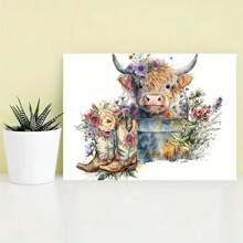 1件油畫,高地牛,可愛的牛升華,花卉圖案,乳牛,高地小牛,適用於臥室裝飾,無框